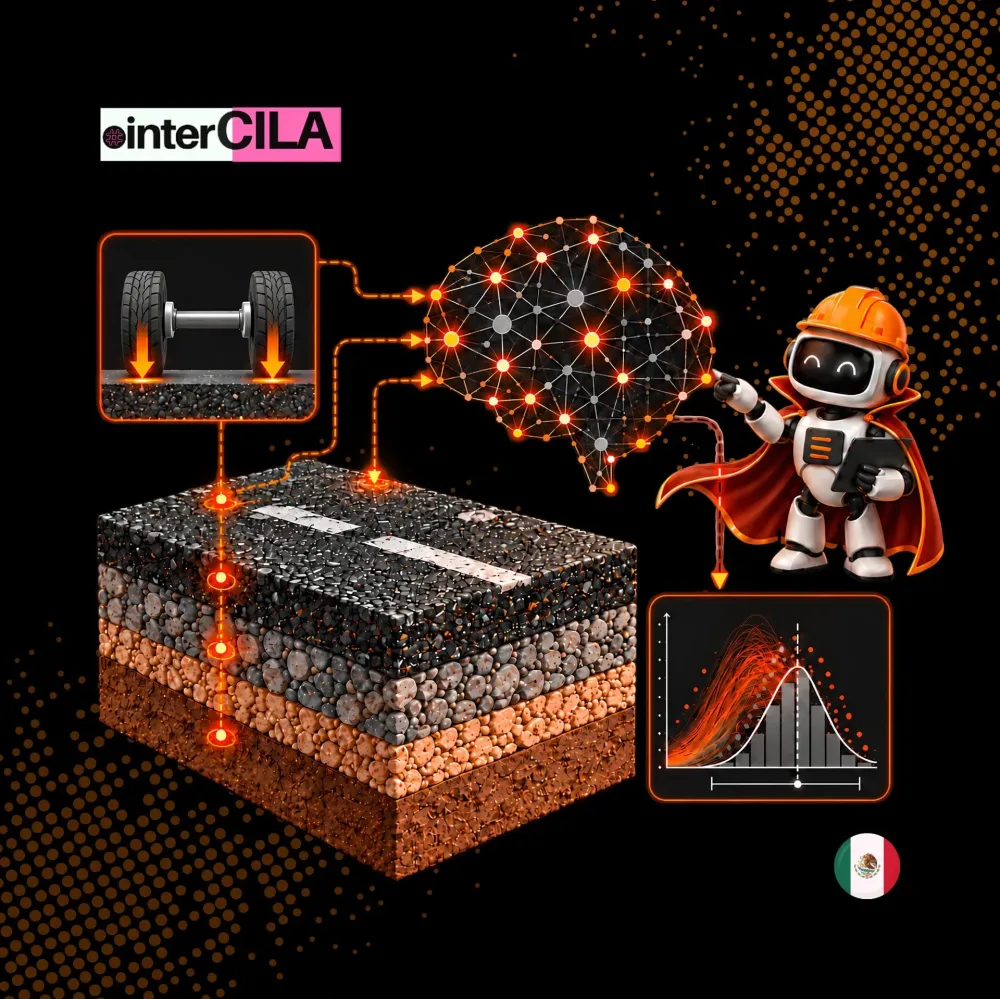 Ilustración del InterCILA 2026: un eje con dos llantas carga una estructura de pavimento por capas; una red neuronal y el asistente de PavAnalyzer conectan sus respuestas con una distribución de probabilidad.