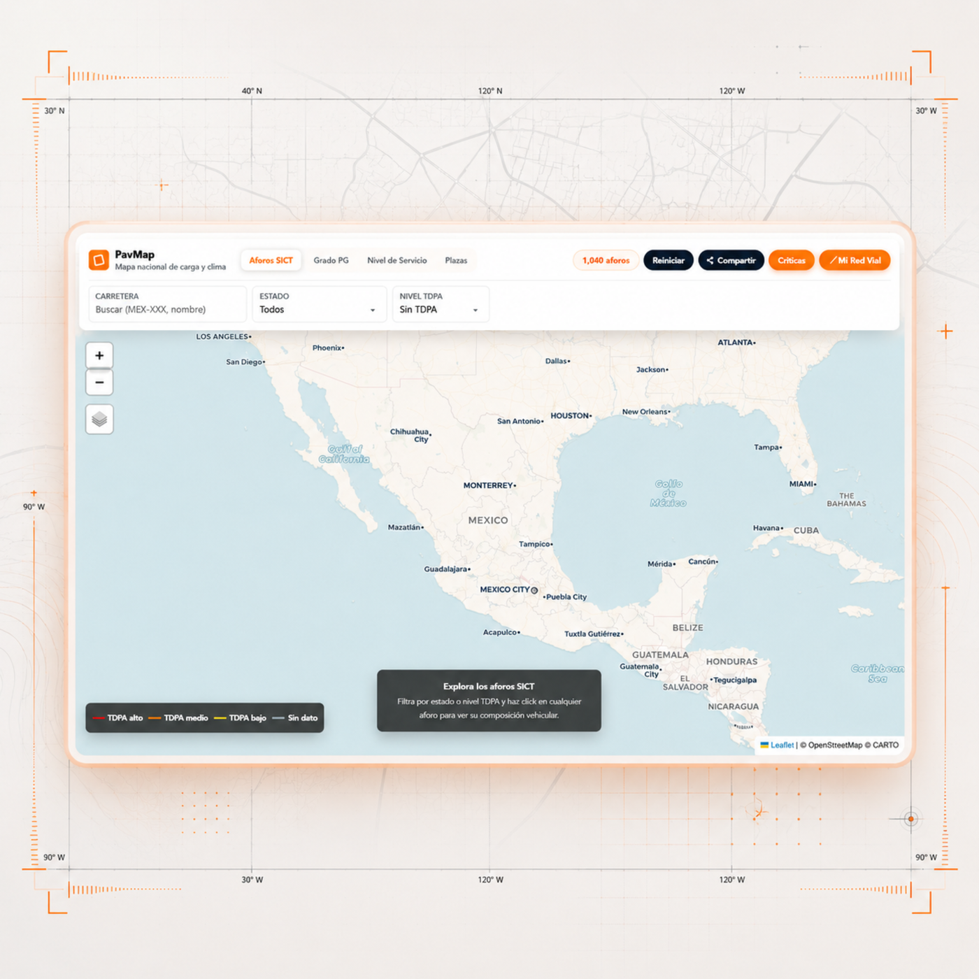 PavMap: mapa nacional con 1,040 aforos SICT, filtros por carretera, estado y nivel TDPA